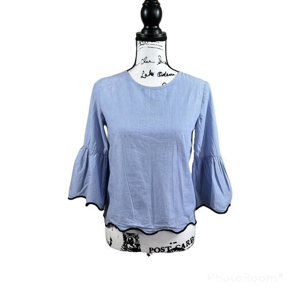 Zara blue blouse Collection women top stripes with Bell sleeves size XS - Picture 1 of 13
